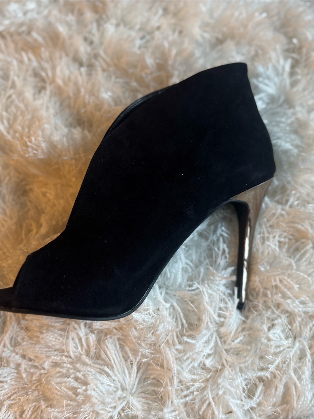 Black Suede Peep-Toe Stiletto Ankle Boot